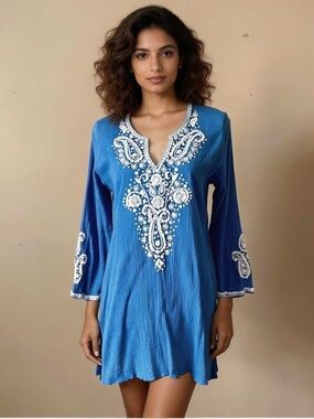 SULU | Blue Embroidered Beaded Tunic Dress Sz 8